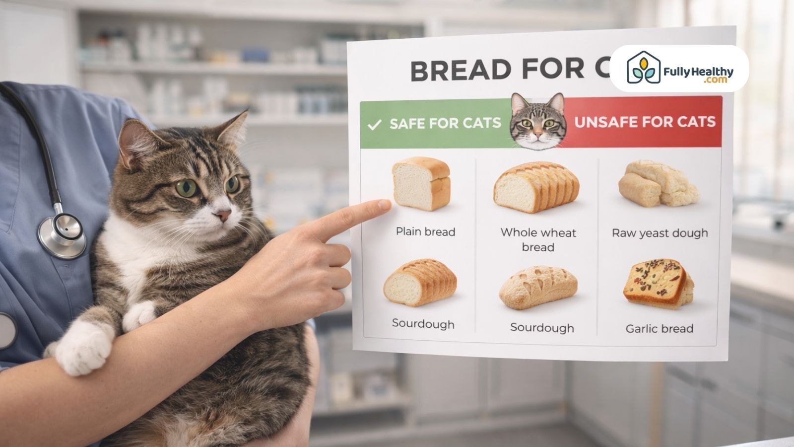 Vet showing safe and unsafe bread types for cats