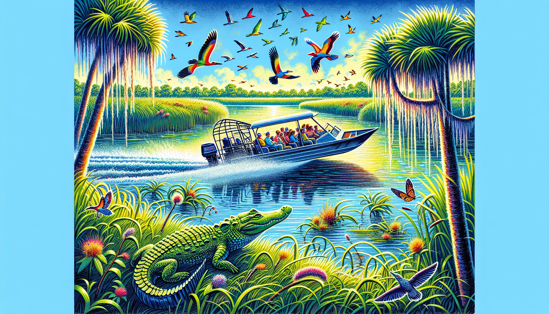 An airboat gliding through the waters of the Everglades, a popular activity for visitors.