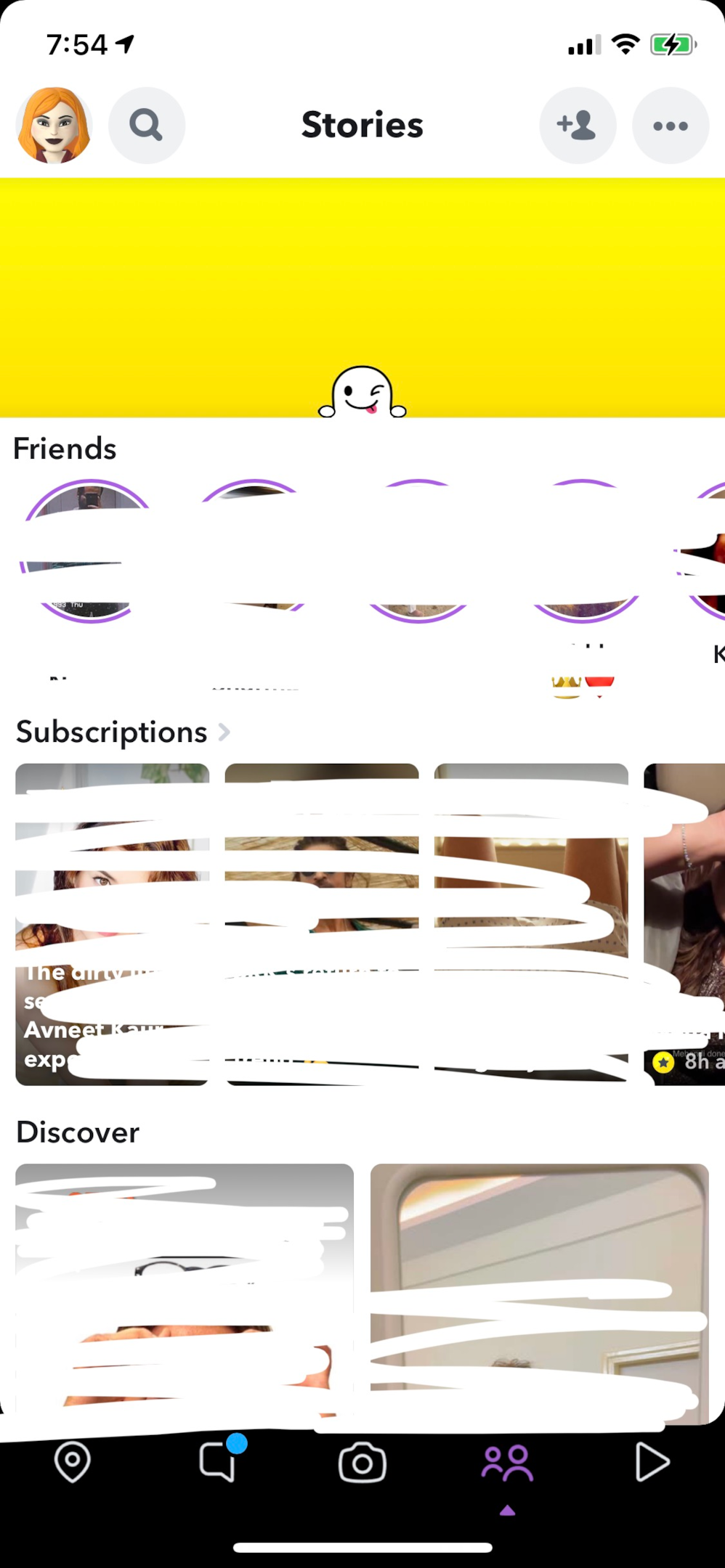 Screenshot of all the stories of your friends and subscriptions