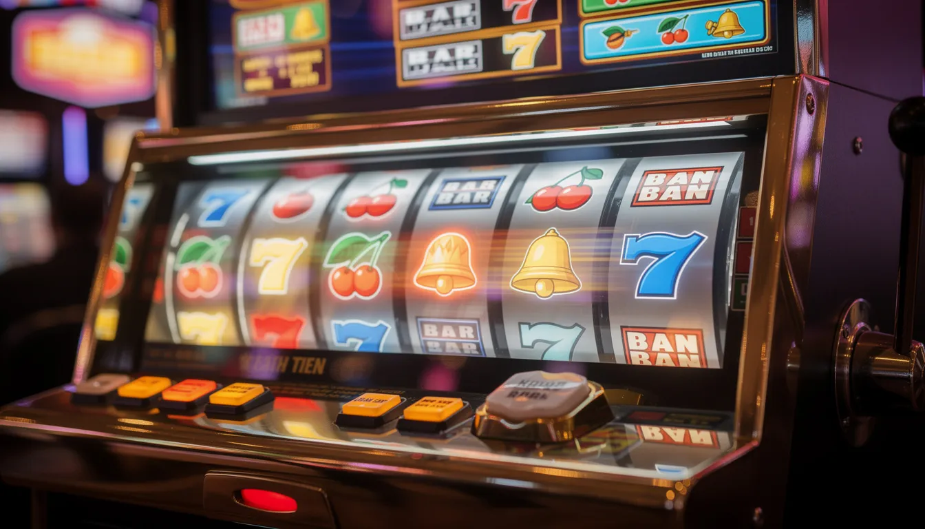 En färgglad spelautomat med snurrande hjul och olika symboler syns i bilden, vilket ger en känsla av spänning och möjlighet till vinster. Denna typ av slotmaskin är vanlig i casinon och erbjuder spelare chansen att vinna stora jackpotar och bonusar.