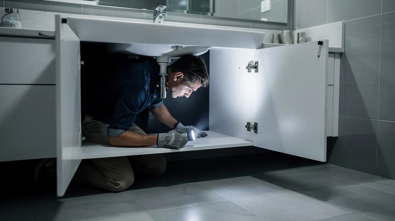 The image shows a person using a flashlight to inspect the area under a bathroom sink, checking for potential plumbing issues such as leaks or pipe corrosion. This visual inspection is an important step in maintaining an efficient plumbing system and preventing costly repairs.