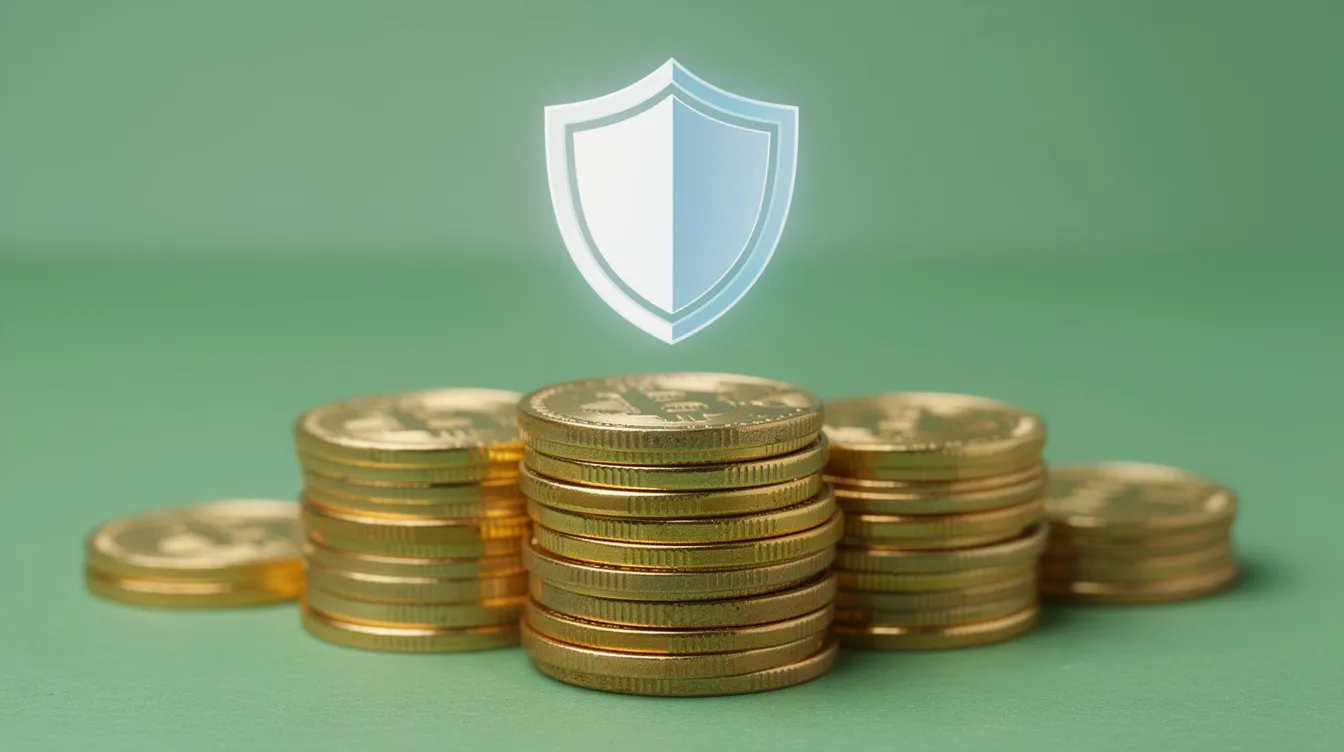 Das Bild zeigt gestapelte goldene Münzen auf einem grünen Untergrund, über denen ein Sicherheitsschild-Symbol prangt. Diese Darstellung könnte symbolisch für die Sicherheit und das Potenzial der Ethereum-Blockchain und ihrer Anwendungen im Bereich der Kryptowährungen stehen.