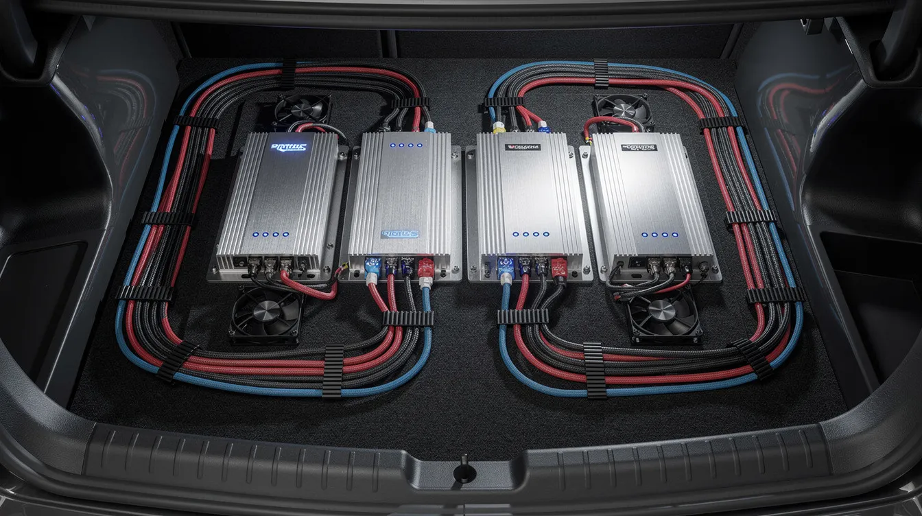 The image depicts a neatly organized car audio amp rack featuring multiple amplifiers, cooling fans, and well-routed speaker wires. The setup is designed to manage heat effectively, ensuring optimal performance while playing music without distortion or overheating issues.