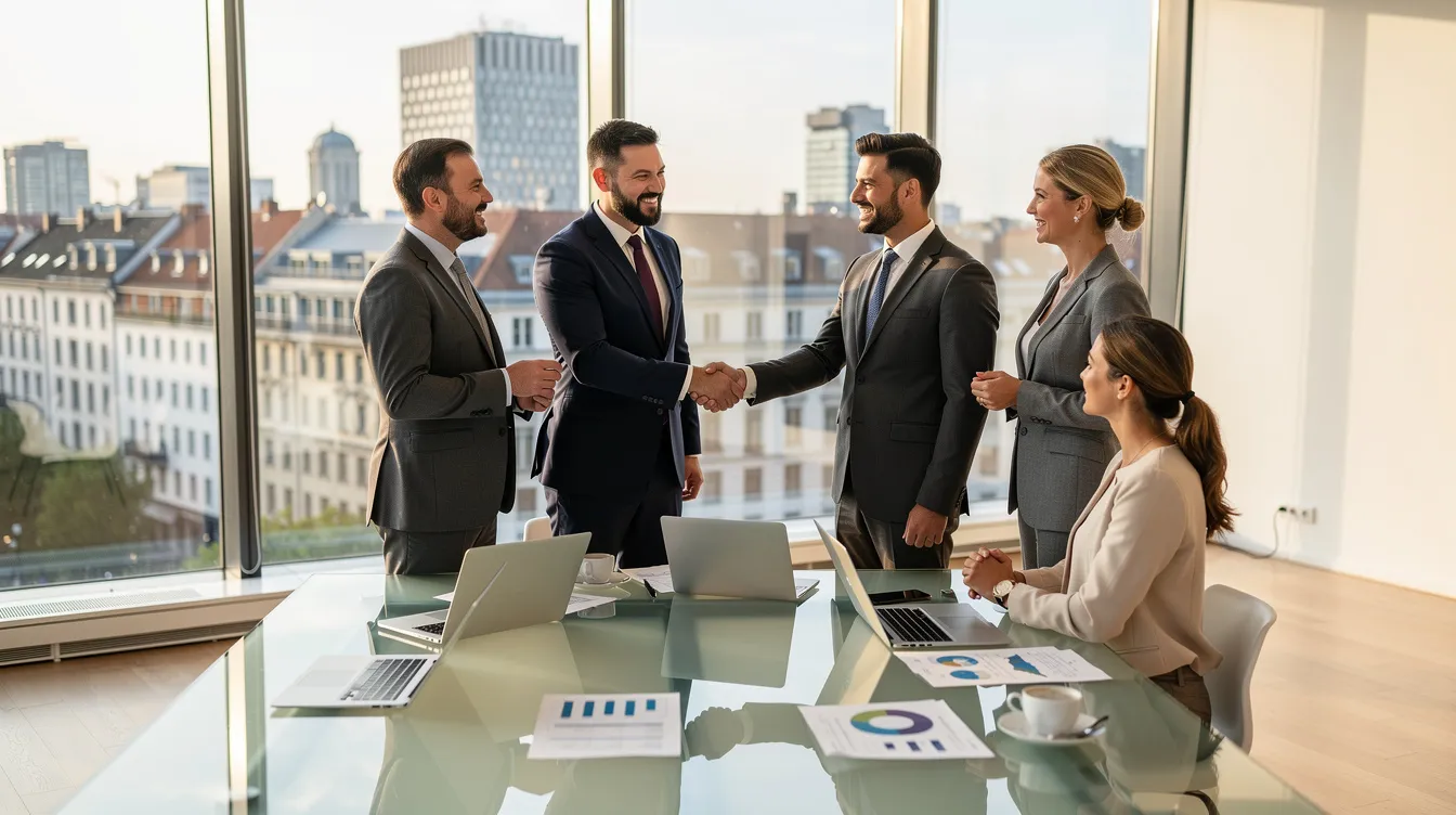 A group of diverse professionals is shaking hands in a modern European office, featuring large windows that offer a panoramic view of a bustling city skyline. This scene reflects a collaborative business environment, ideal for discussing matters such as the Schengen visa application process for travel across Schengen countries.