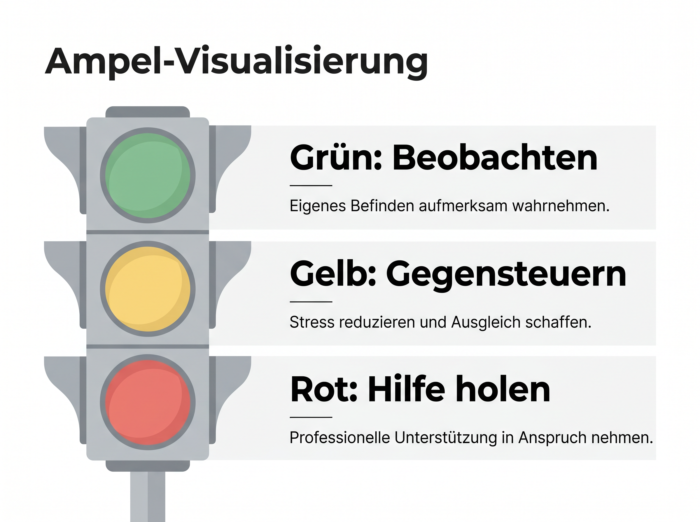 Ampel-Visualisierung zur psychischen Belastung: Grün bedeutet beobachten, Gelb gegensteuern und Rot professionelle Hilfe holen.