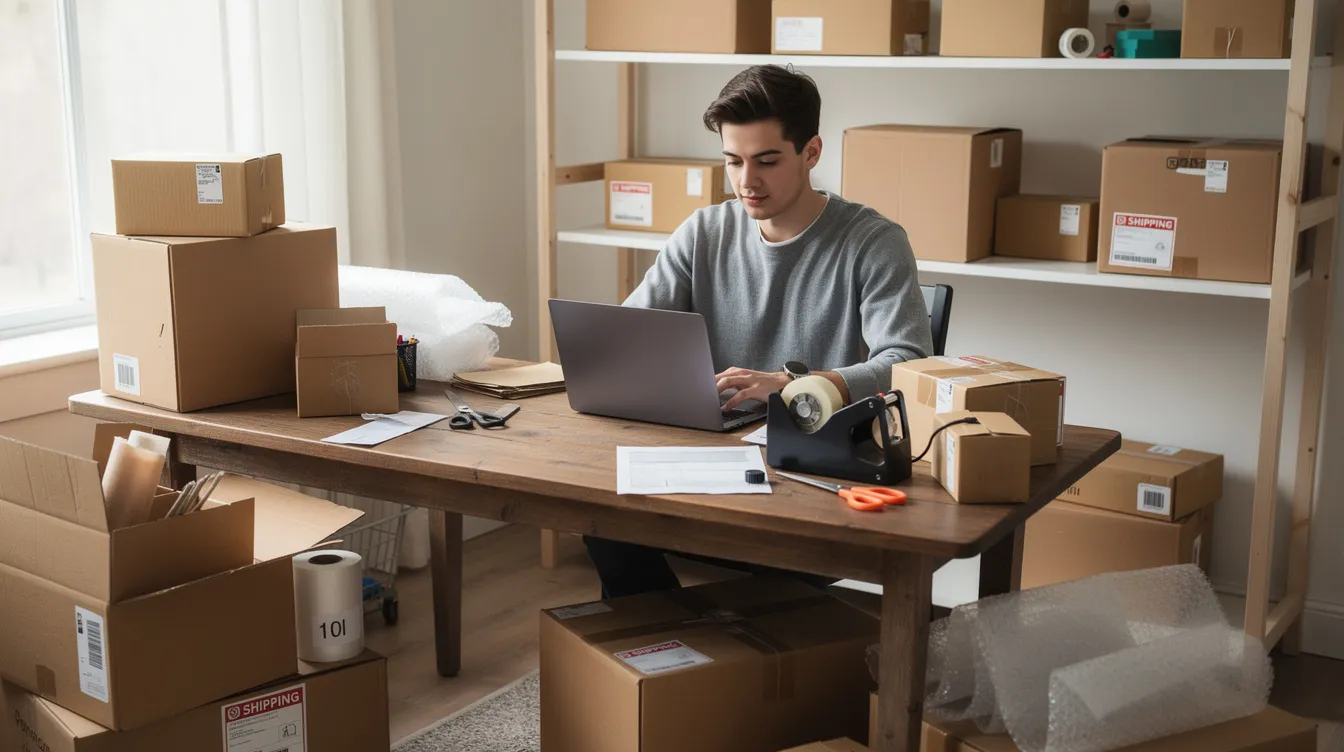 A person is seated at a desk, working on a laptop surrounded by shipping boxes and packing materials, indicative of a dropshipping business setup. This scene reflects the organization and preparation involved in managing a Shopify dropshipping store, emphasizing the importance of reliable suppliers and efficient inventory management.