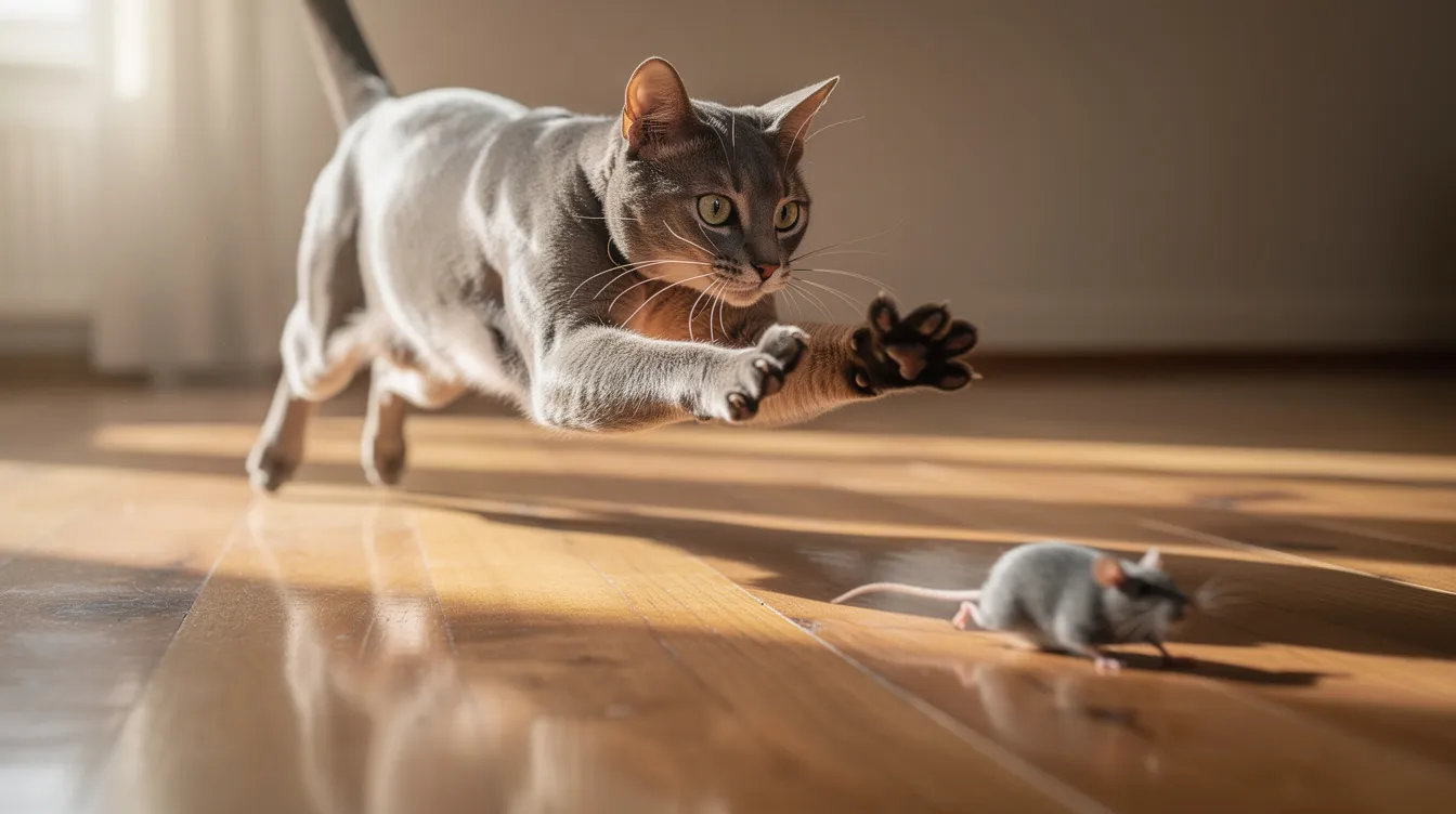 A playful cat is captured in mid-pounce, energetically chasing a small toy mouse across a wooden floor. This scene showcases the feline's excellent night vision and hunting instincts, as it navigates the room with agility and focus.