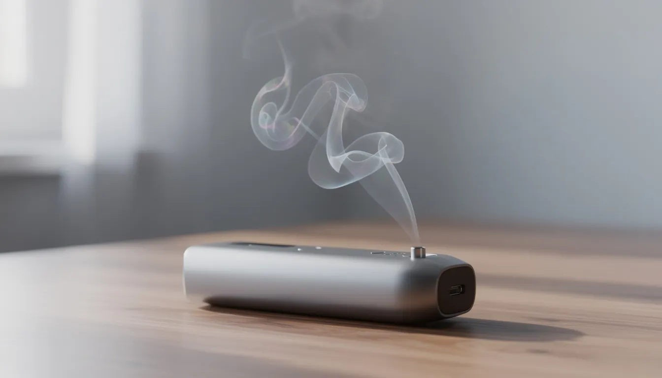 Der Dampf steigt sanft aus einem Fenix Pro Vaporizer auf, beleuchtet von natürlichem Licht, das die feinen Dampfwolken sichtbar macht. Diese Szene vermittelt eine entspannende Atmosphäre, ideal für Outdoor-Abenteurer und Sportler, die die Funktionen des Geräts genießen möchten.