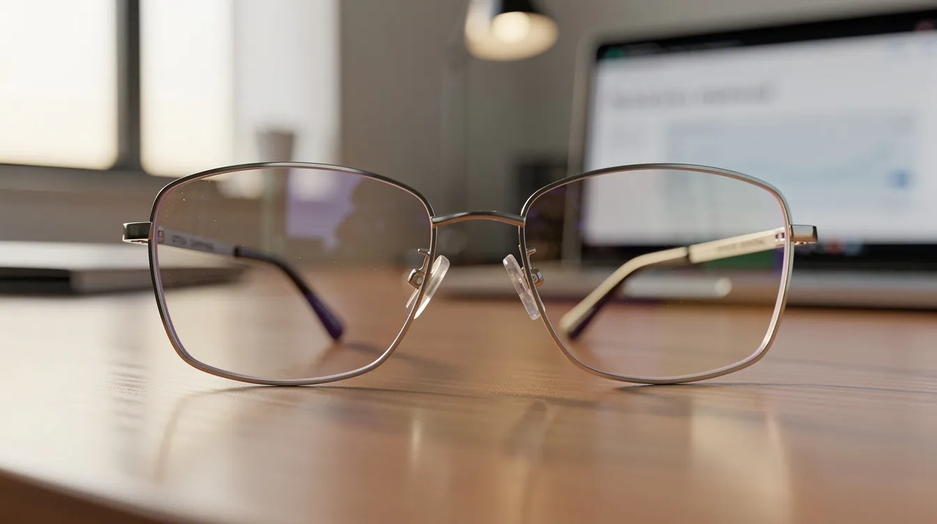 Close-up de lentes de óculos transparentes que refletem uma luz suave em um ambiente de escritório, destacando a qualidade e o conforto dos produtos disponíveis em lojas de São Paulo. As lentes capturam detalhes sutis, proporcionando uma visão clara e estilosa.