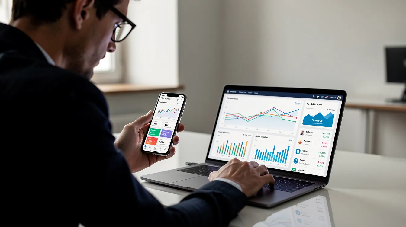 A person is seated at a desk, focused on a laptop and a mobile phone, analyzing financial app dashboards that display various metrics related to their investment portfolios and account balances. This scene reflects the growing influence of fintech companies and digital banking services in the financial services industry.