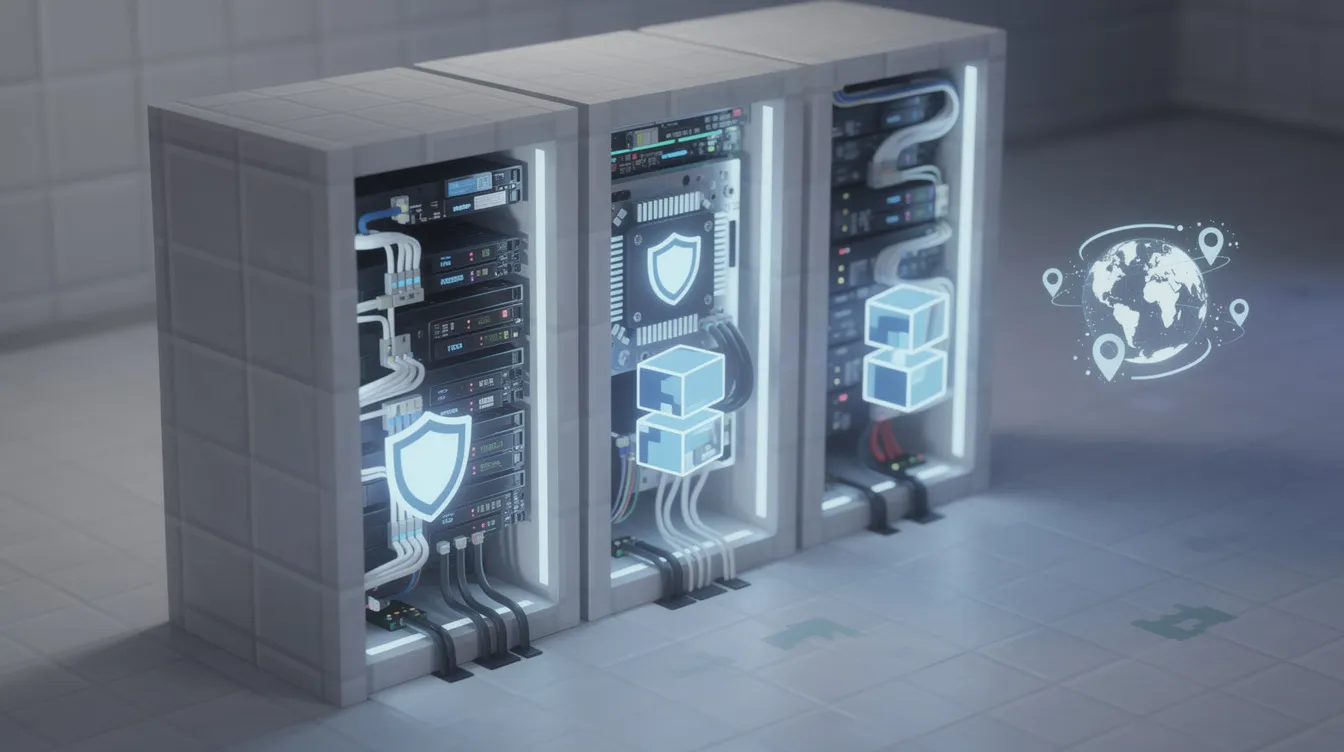 The image illustrates key factors to consider when selecting a Minecraft server hosting provider, including modern hardware specifications, fast NVMe storage for improved performance, and essential features like DDoS protection and automated backups. It emphasizes the importance of evaluating server resources and upgrade options to ensure a smooth gaming experience for players.