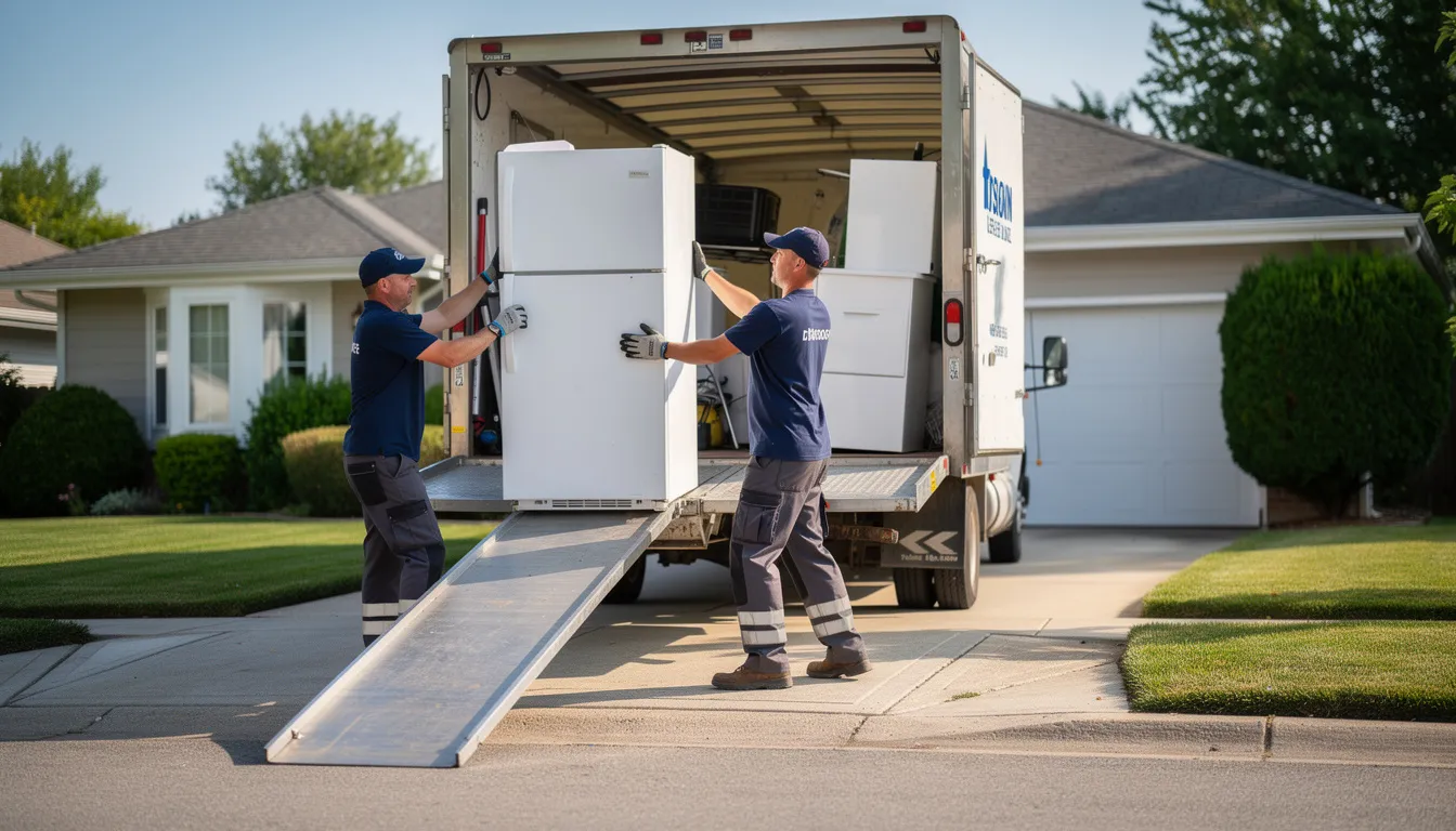 A professional junk removal crew is efficiently loading a large white refrigerator onto a truck in a suburban driveway, showcasing their appliance removal services. This hassle-free experience ensures that old appliances are properly disposed of, allowing residents to rid themselves of unwanted items without worry.