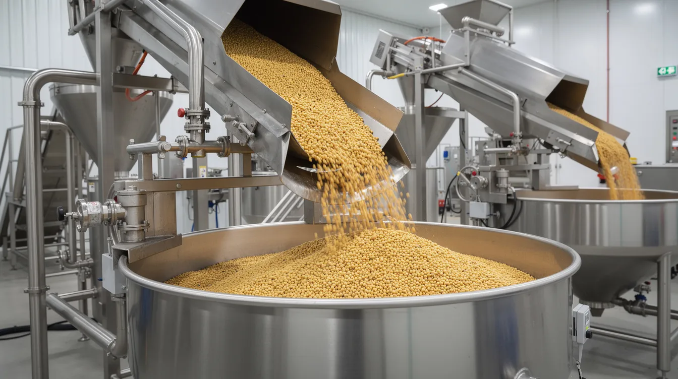 An industrial soybean oil processing plant is depicted, with soybeans being poured into large metal hoppers connected to extraction machinery. This scene highlights the key unit operations involved in soybean oil production and the essential machinery requirements for efficient oil processing.