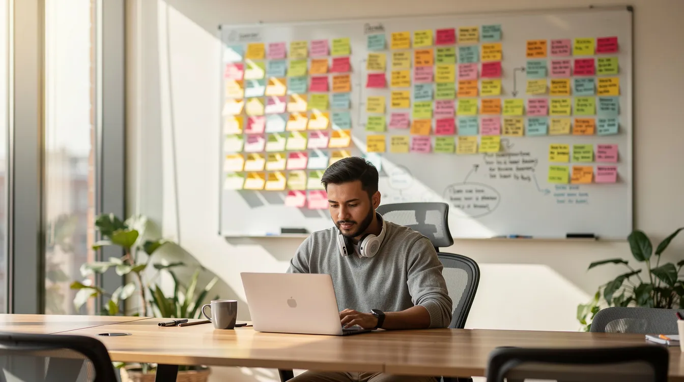A developer working on a laptop in a bright co-working space
