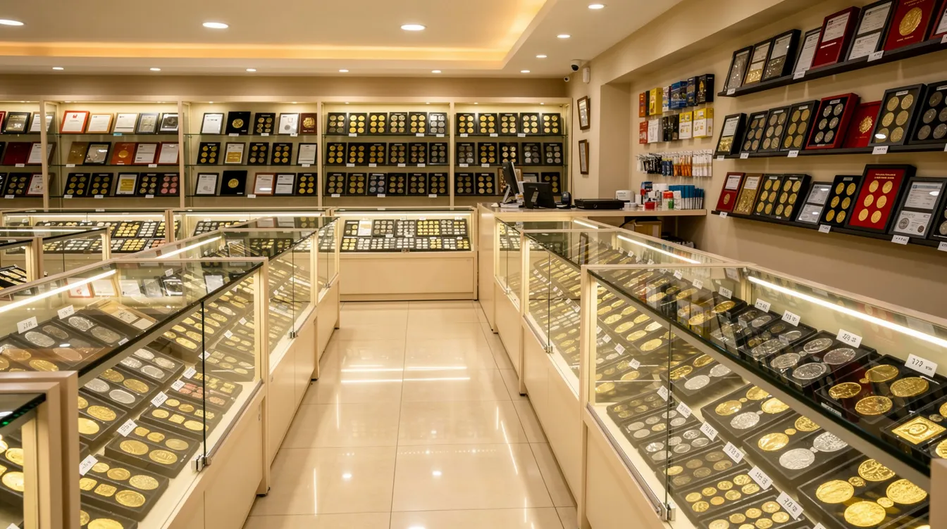 A well-organized coin shop with display cases containing gold and silver coins and other precious metals