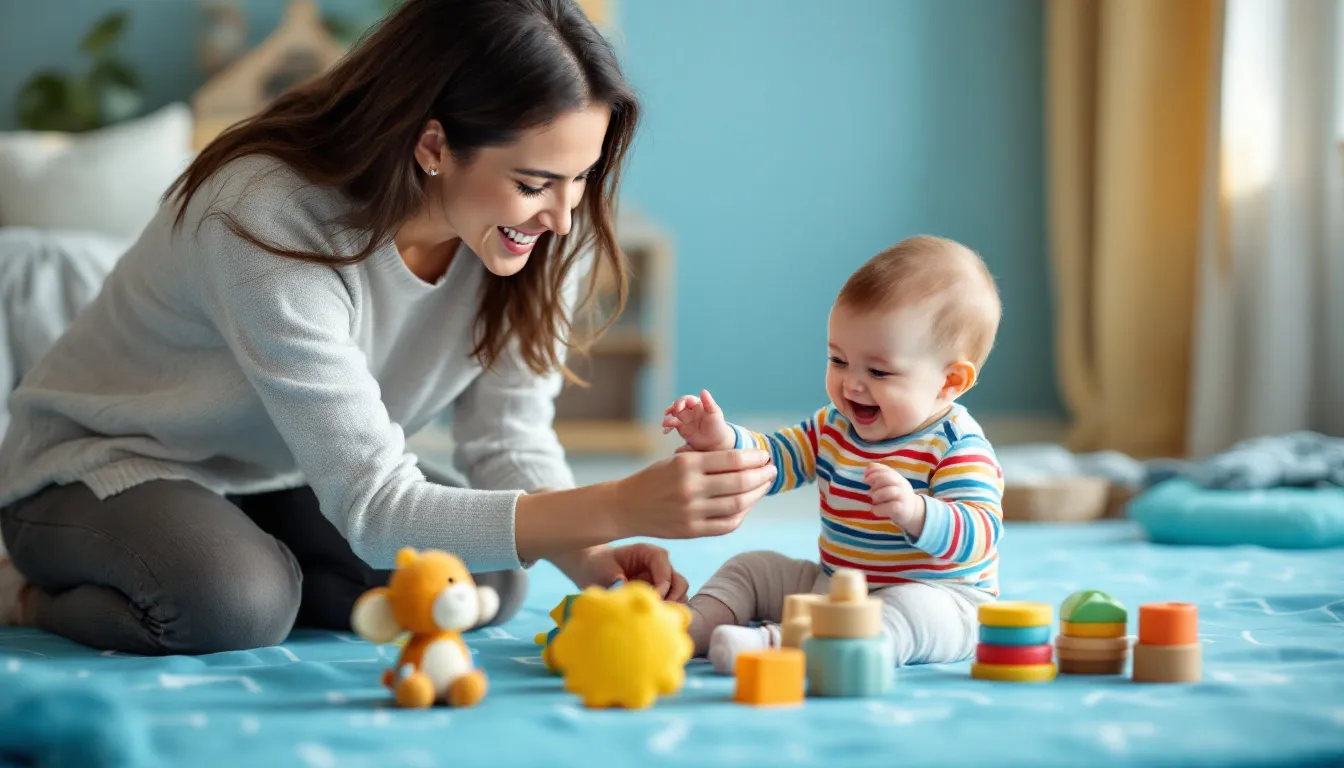 A joyful parent and their baby are engaged in play on a soft play mat, surrounded by colorful, age-appropriate toys that bring smiles to both. This heartwarming moment captures the essence of family bonding, perfect for celebrating new arrivals and the joys of parenthood.