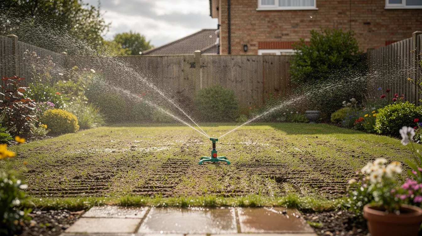 A sprinkler is actively watering a newly sown lawn area in a suburban UK garden, creating a lush green surface that is perfect for outdoor activities. The scene captures the vibrant texture of the grass seeds as they soak up the water under the warm sunlight, promising a thriving lawn in the coming weeks.