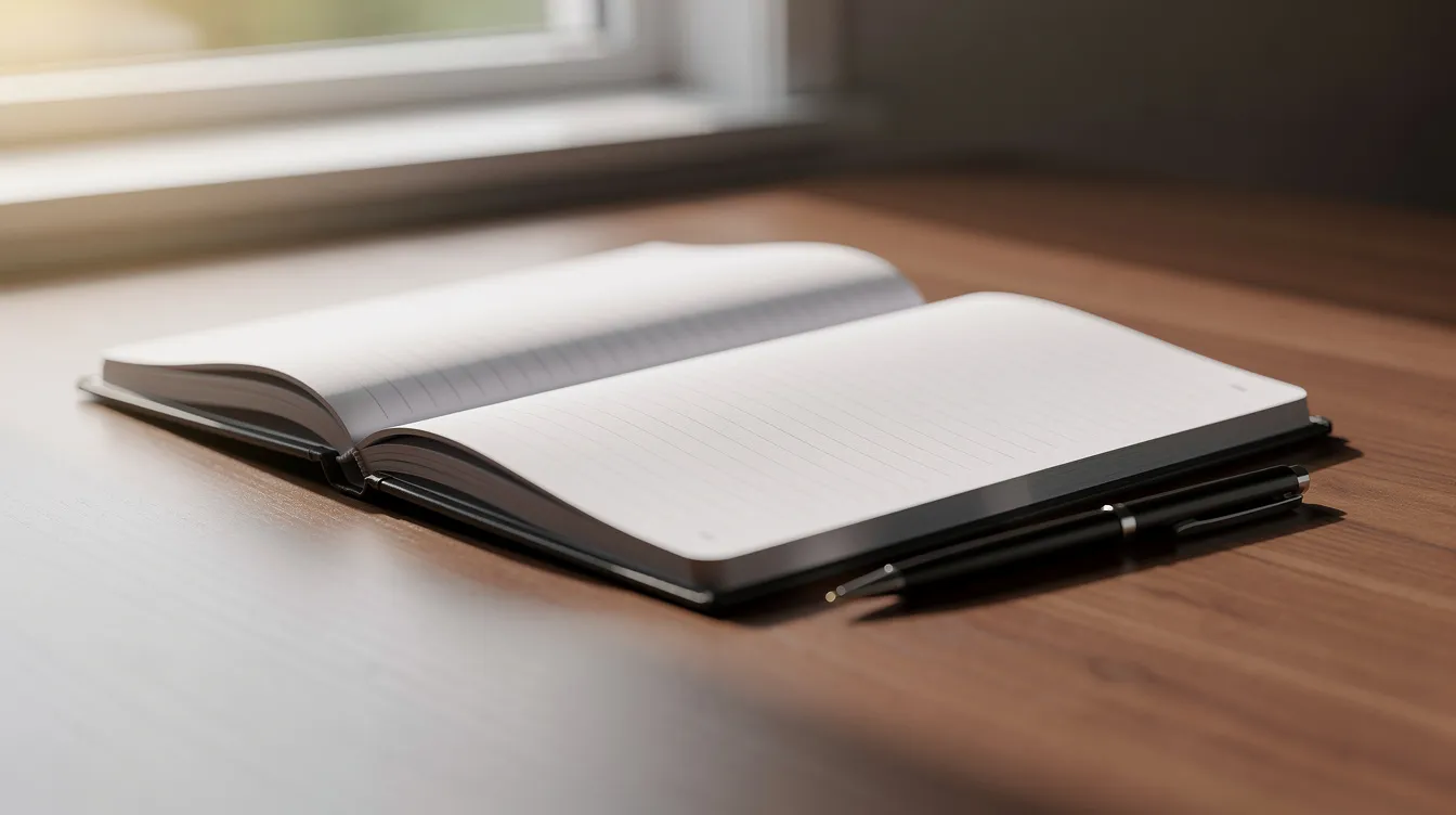Une image d'un carnet professionnel ouvert sur un bureau en bois, avec un stylo à côté, baigné dans une lumière naturelle chaleureuse provenant d'une fenêtre. Cette scène évoque un espace de travail propice au développement de la confiance en soi et à l'estime de soi au travail.