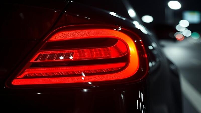 Close-up of a car's tail lights glowing red at night