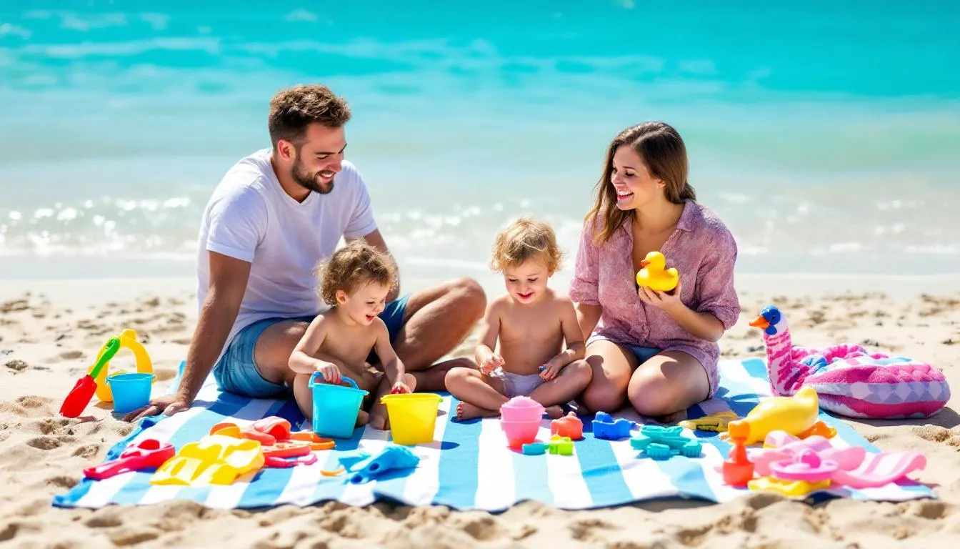 Une famille est installée sur une grande serviette de plage XXL, entourée de jouets et d'accessoires de mode colorés, profitant d'une journée ensoleillée au bord de la mer. Cette serviette haut de gamme, en coton doux, est parfaite pour le confort lors des escapades estivales.