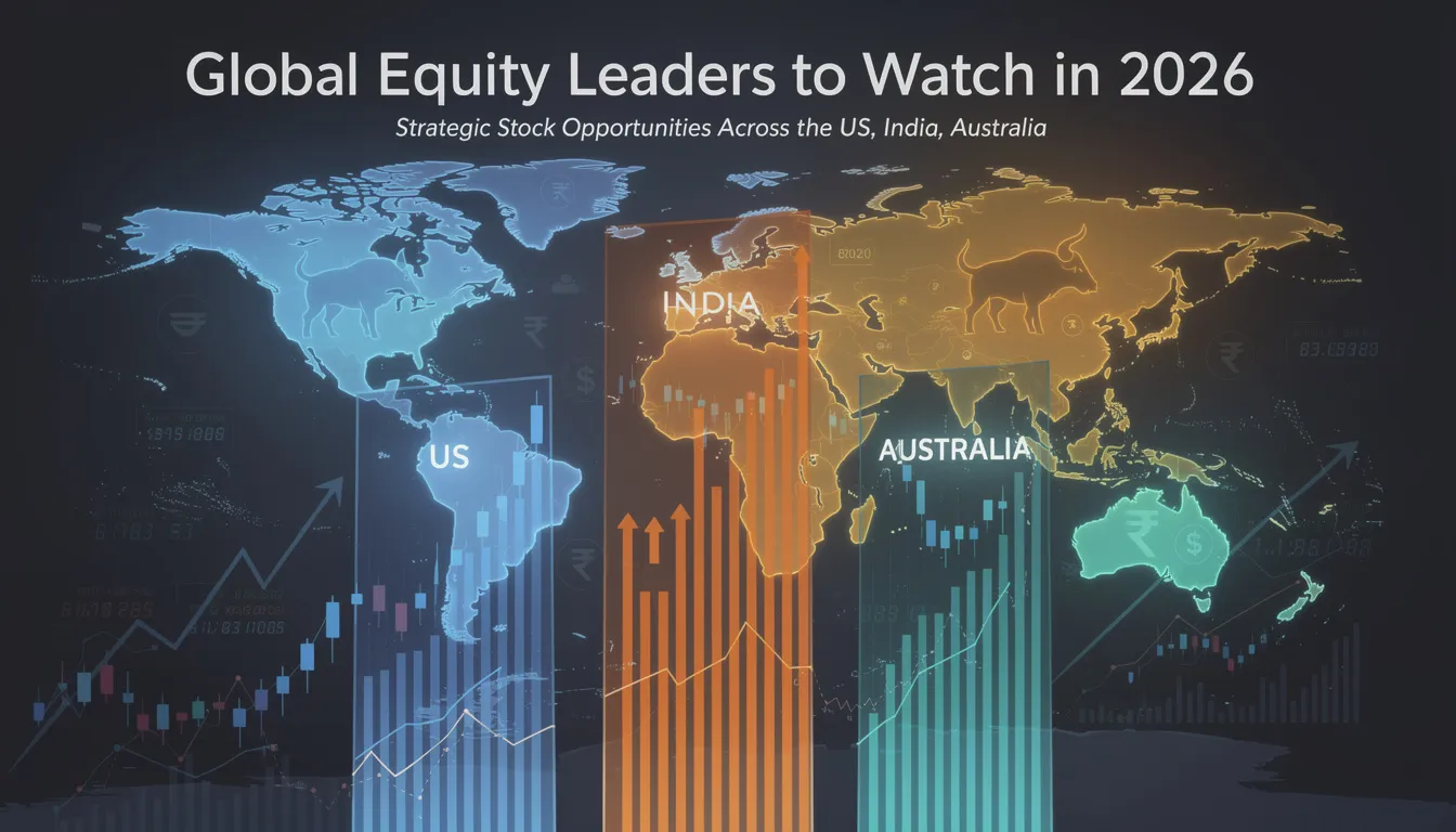 The image depicts a dynamic representation of global equity leaders poised to influence strategic stock opportunities across the US, India, and Australia by 2026. It highlights the importance of regional civil society leaders and the strengthening of regional partnerships to manage challenges posed by China's rising power and to enhance Australia's regional security.