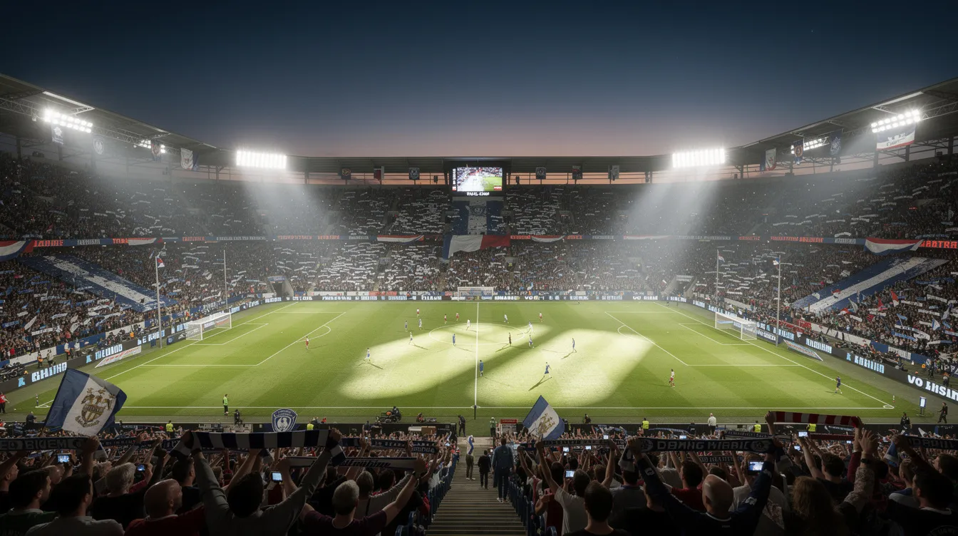 The image depicts a vibrant sports stadium filled with enthusiastic fans during an evening football match, illuminated by bright floodlights. The atmosphere is electric, showcasing the excitement of sports betting as spectators cheer for their teams, reminiscent of the thrill found in betting sites offering welcome bonuses and free bets.