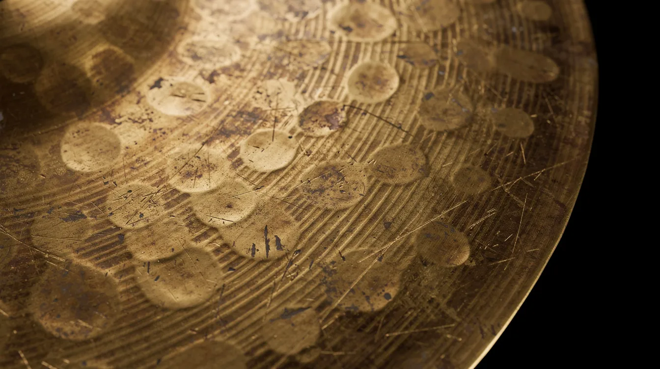Photographie macro d'une cymbale en bronze, mettant en avant sa texture martelée à la main et ses marques de tournage. Cette image illustre la qualité haut de gamme des cymbales, essentielles pour tout batteur, qu'il soit débutant ou expérimenté.