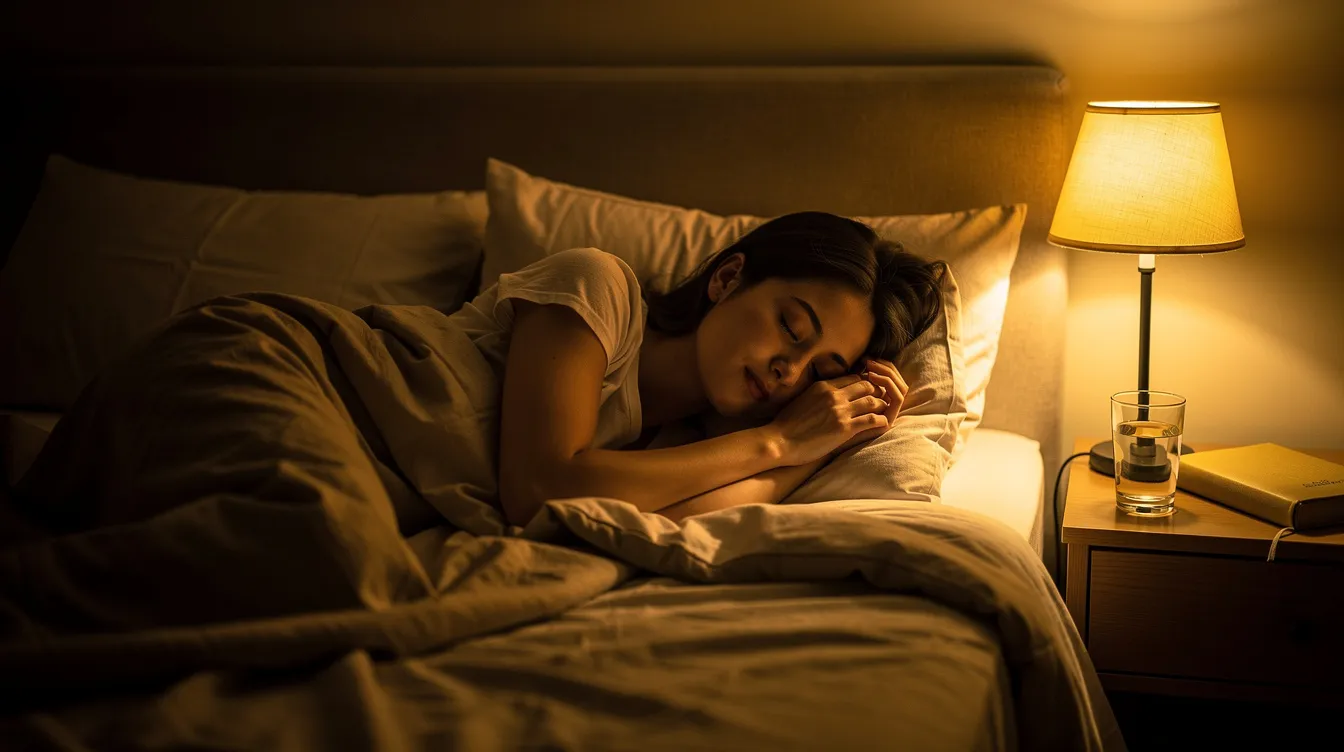 A person is peacefully sleeping in a cozy, dimly lit bedroom, illuminated by the soft warm glow of a bedside lamp, creating a tranquil atmosphere ideal for relaxation. This serene setting evokes a sense of calm, perfect for those seeking sleep support, possibly enhanced by products like CBD sleep gummies.