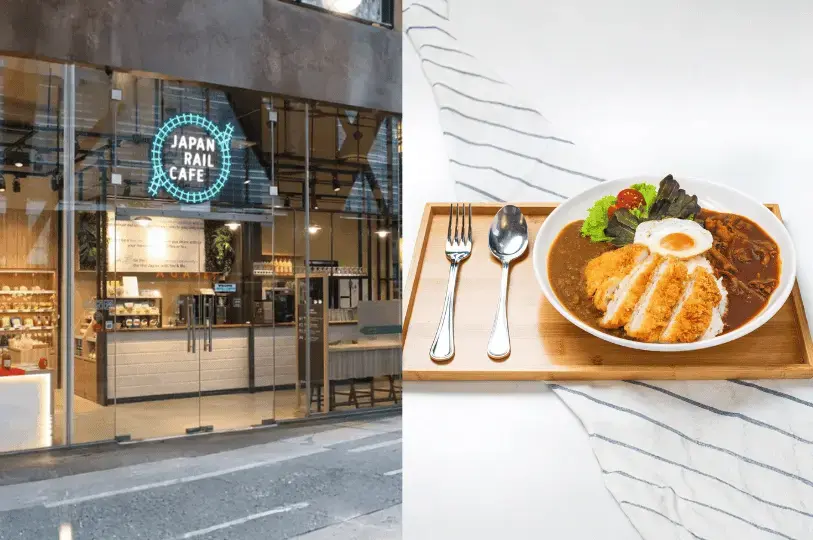 A split view of the modern, glass-fronted Japan Rail Cafe exterior, alongside a neat wooden tray holding a plate of Japanese katsu curry rice, side salad, and a fried egg.