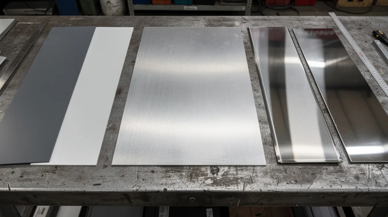 The image showcases a variety of metal sheets with different finishes, including brushed aluminum, powder-coated steel, and polished stainless steel, neatly arranged on a factory workbench. This setting highlights the precision sheet metal fabrication process, emphasizing the diverse surface treatments and materials used in custom metal fabrication for various industrial applications.
