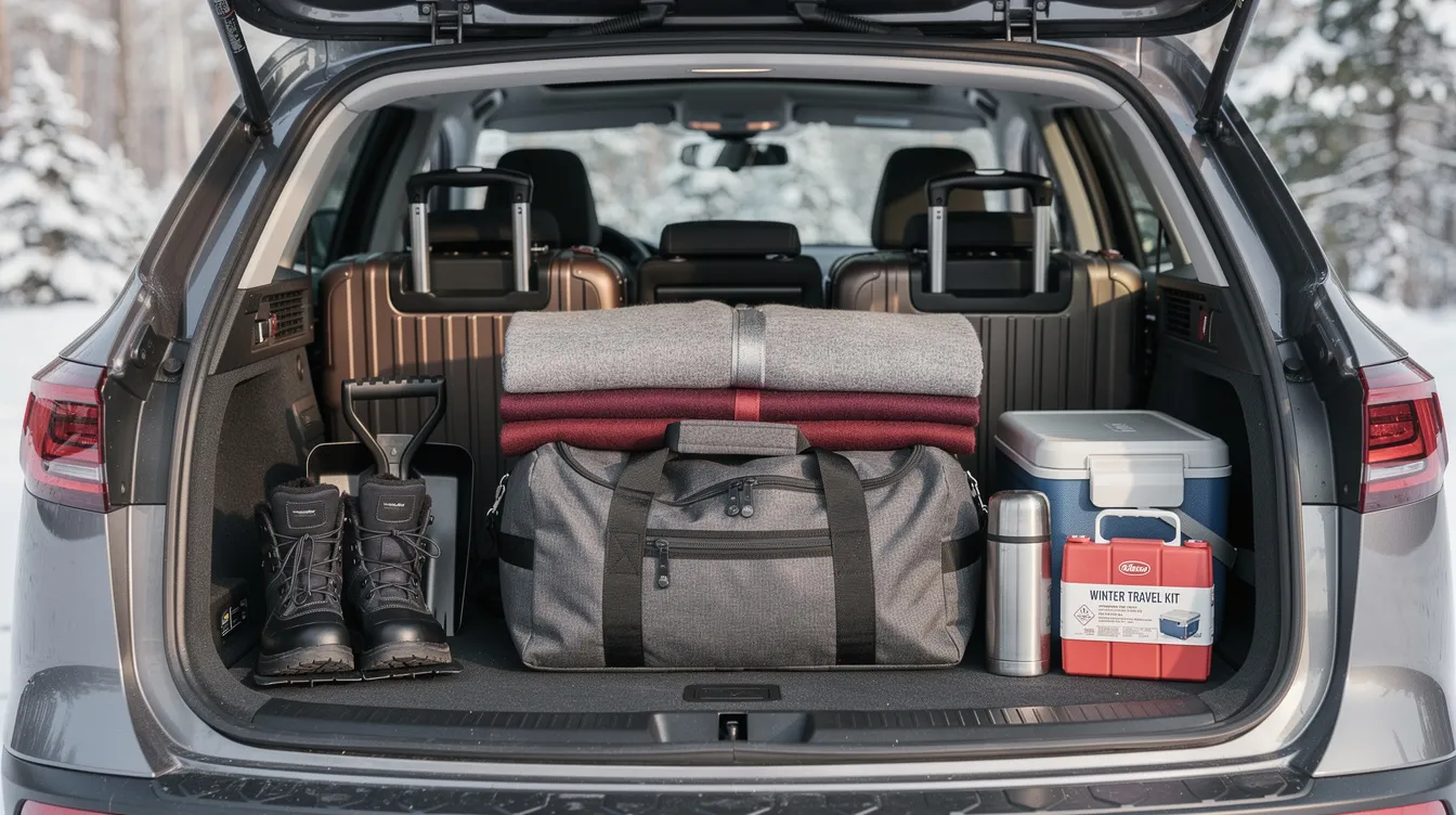 The image shows a well-organized car trunk filled with winter luggage, cozy blankets, and essential travel gear, all neatly arranged to maximize space for an enjoyable spring break road trip. This setup reflects careful preparation, ensuring the vehicle is ready for the upcoming journey.