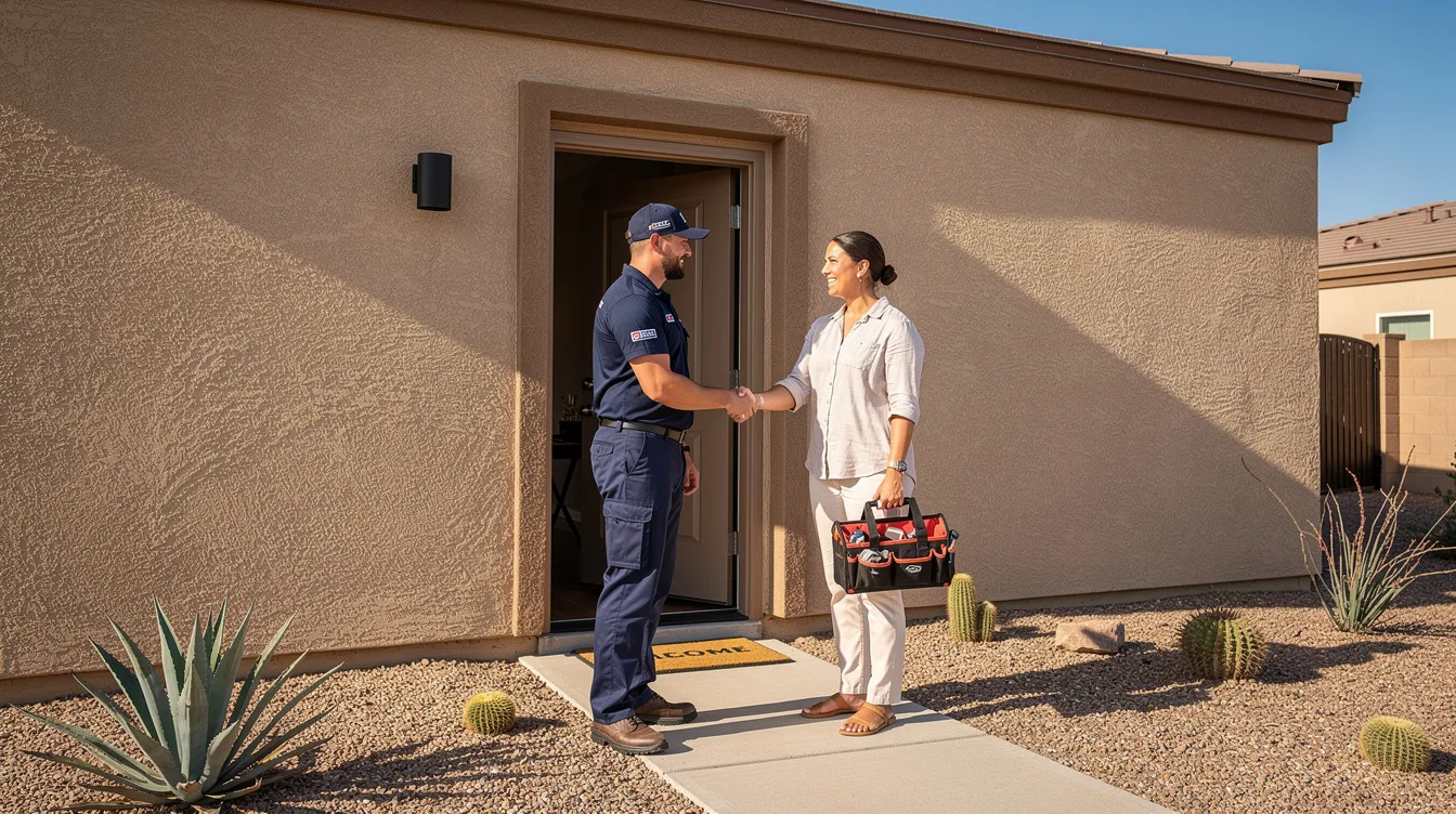 A professional plumber in uniform is shaking hands with a homeowner at the front door of a Phoenix-style stucco home, representing the start of plumbing services in Phoenix. The scene conveys trust and customer satisfaction, highlighting the importance of reliable plumbing repair and maintenance for residential needs.