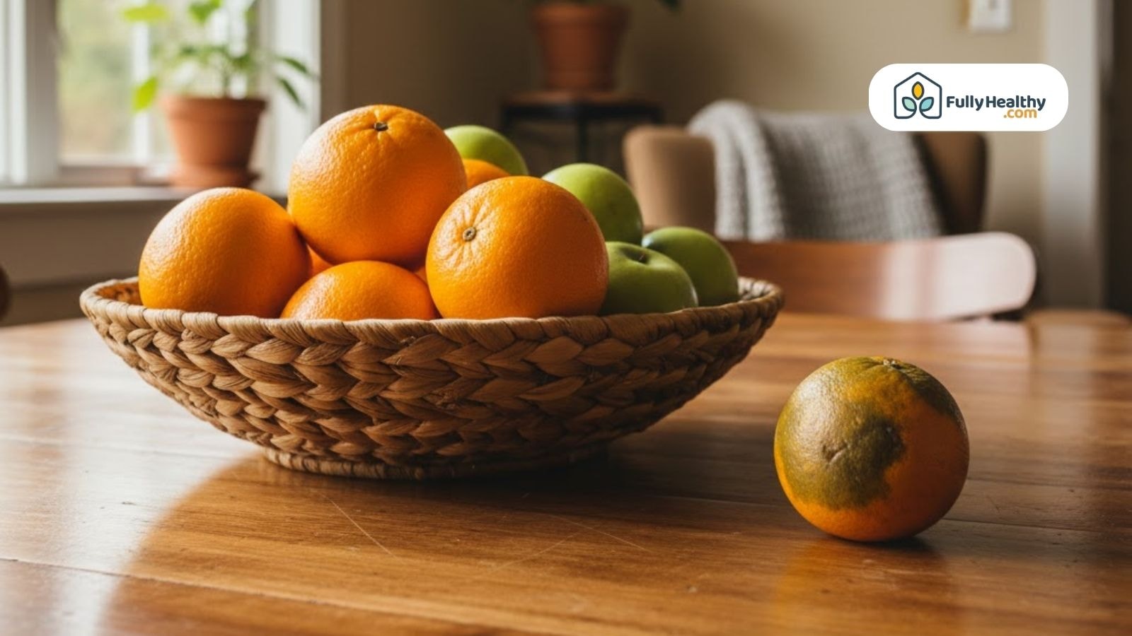 Rotten orange beside fresh oranges and apples in a fruit bowl