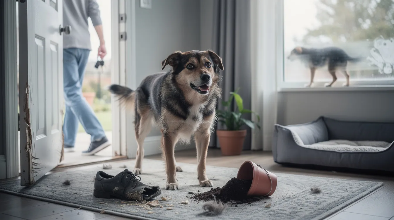 The image depicts a concerned dog sitting by the door, displaying anxious behaviors such as excessive barking and pacing, which are common signs of separation anxiety in dogs. The dog's body language, including wide eyes and a lowered posture, indicates distress as it anticipates the owner's departure.