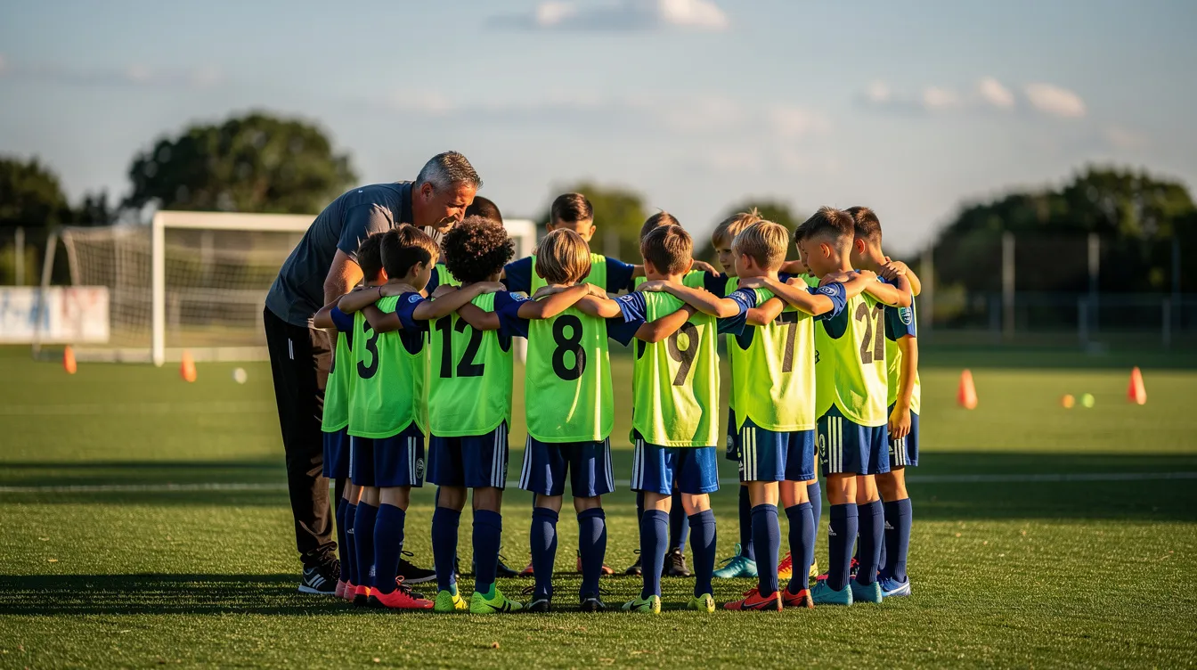 A youth soccer team is huddled together on a vibrant green field during a sunny practice session, showcasing their team spirit and enthusiasm for the sport. The scene captures young athletes in their colorful uniforms, ready to improve their skills and prepare for upcoming games.