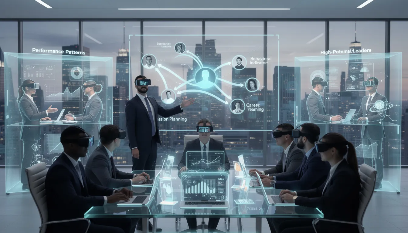The image depicts a group of senior executives engaged in a virtual reality leadership training session, where they are practicing communication and negotiation skills in an immersive environment. This innovative approach to leadership development enhances their emotional intelligence and prepares them for effective decision-making in real-world scenarios.