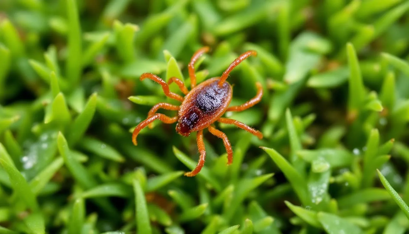 A close-up image of a brown dog tick resting on grass, displaying its distinct reddish-brown coloration and eight legs, which are characteristic features of this tick species known to transmit canine ehrlichiosis, a bacterial infection affecting dogs. The tick serves as a vector for various infectious diseases that can impact both domestic animals and humans.