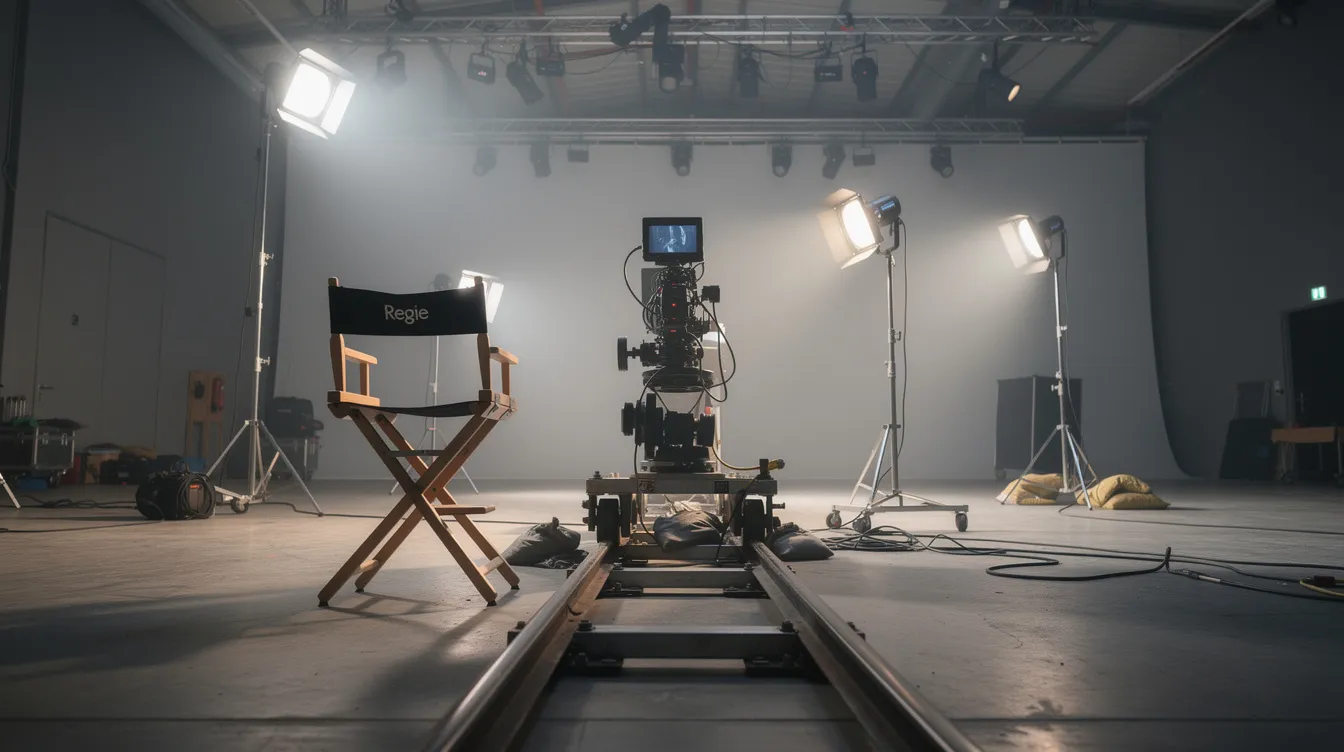Das Bild zeigt ein Filmset in einer Studiohalle, ausgestattet mit einer Kamera auf Schienen, einem Regiestuhl und mehreren Scheinwerfern. Diese Szenerie könnte leicht an die Atmosphäre von "Zurück in die Zukunft" erinnern, einem Klassiker unter den Science-Fiction-Filmen, der von Robert Zemeckis inszeniert wurde.