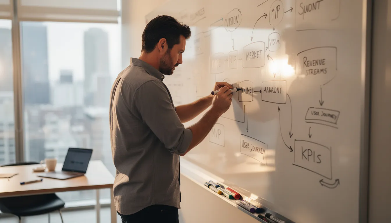 An entrepreneur is depicted sketching innovative business ideas on a whiteboard, surrounded by notes and diagrams that reflect the dynamic nature of the business world. This scene captures the essence of the entrepreneurial journey, showcasing the creative process that successful entrepreneurs engage in to develop valuable insights for their ventures.