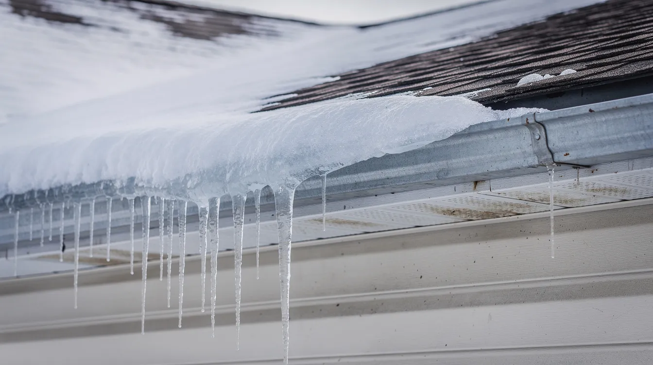 The image depicts an ice dam formation along the edge of a roof, with icicles hanging prominently from the gutters, highlighting the effects of Michigan's harsh winters. This situation can lead to costly repairs if proper attic ventilation and insulation are not maintained, emphasizing the importance of quality roof installation and regular inspections to extend the roof's lifespan.