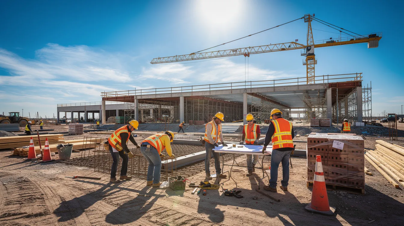 A construction crew, equipped with hard hats and reflective vests, is diligently working on a commercial building site under a bright Texas sky, emphasizing the importance of safety standards and effective communication in the construction industry. Their teamwork reflects a positive workplace culture, which is essential for ensuring compliance with labor laws and maintaining a productive work environment.