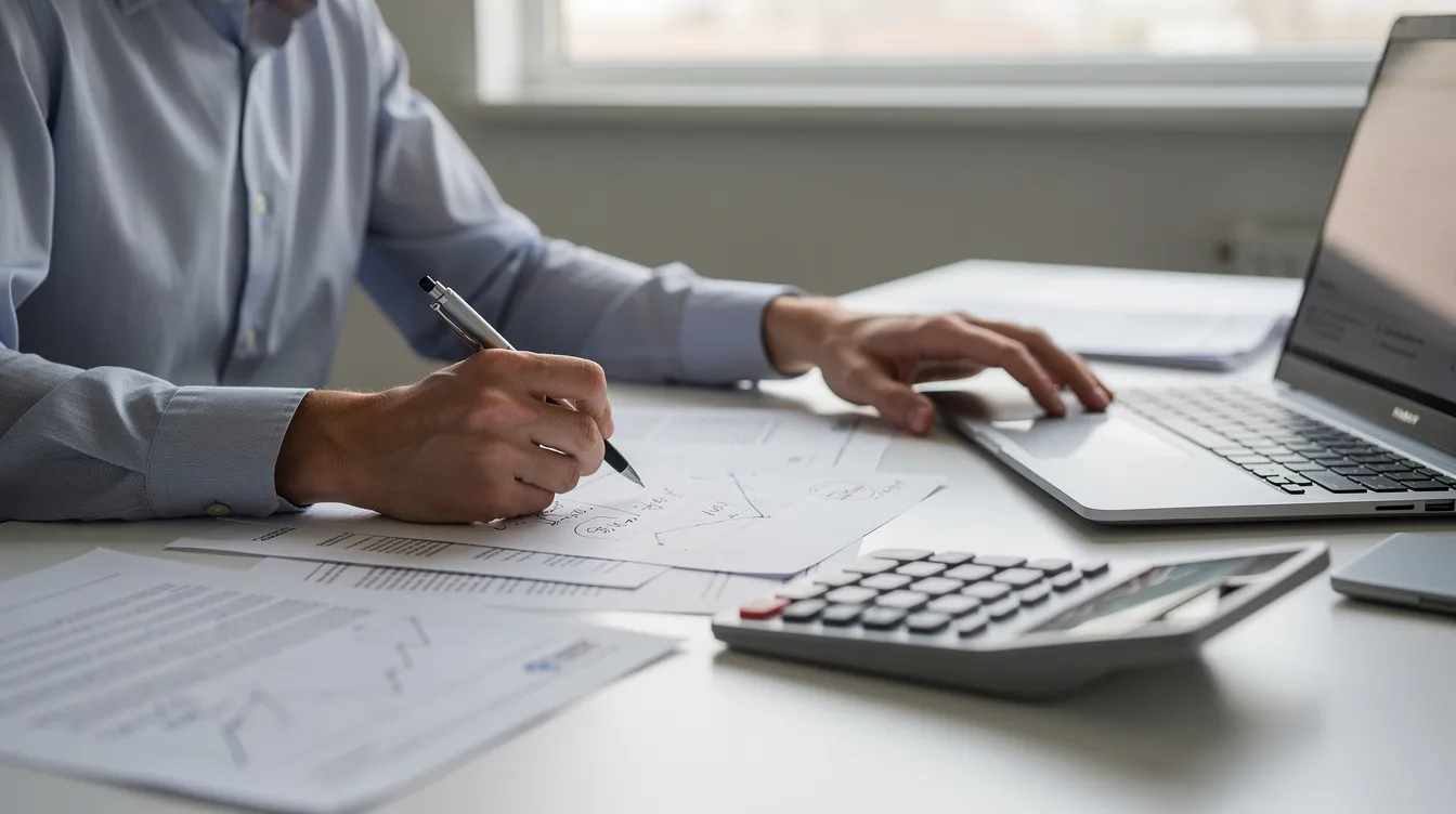 A person is seated at a desk, focused on reviewing financial documents while using a calculator and a laptop. This scene reflects the careful management of their financial situation, possibly involving 清 數 and various loan options.