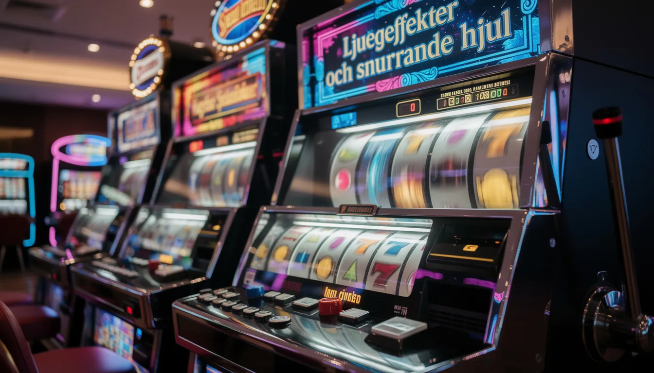 Bildens alt-text beskriver färgglada spelautomater med ljuseffekter och snurrande hjul, som ger en livlig atmosfär typisk för ett casino. Dessa spelmaskiner, som finns hos turbovegas, erbjuder olika spelalternativ och bonusar för spelare som vill ha en underhållande upplevelse.