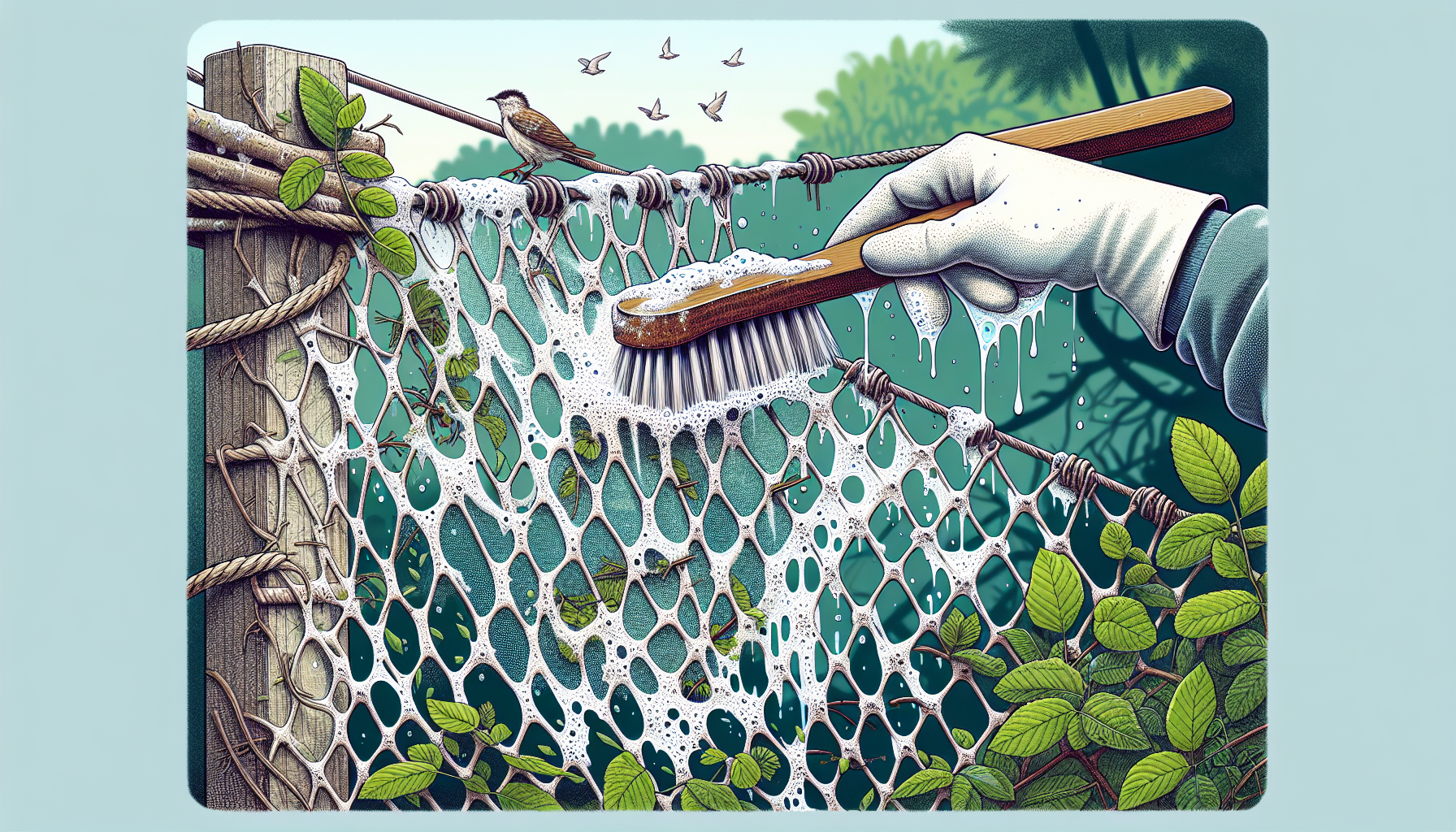 Cleaning bird exclusion netting with mild detergent