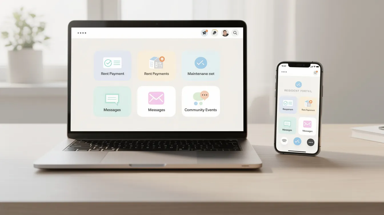 The image displays a modern resident portal interface on a laptop and phone, featuring simple icons without any readable text. This user-friendly design reflects the seamless communication and efficient management services offered by a professional property management company in NYC, enhancing tenant relations and daily operations for property owners.