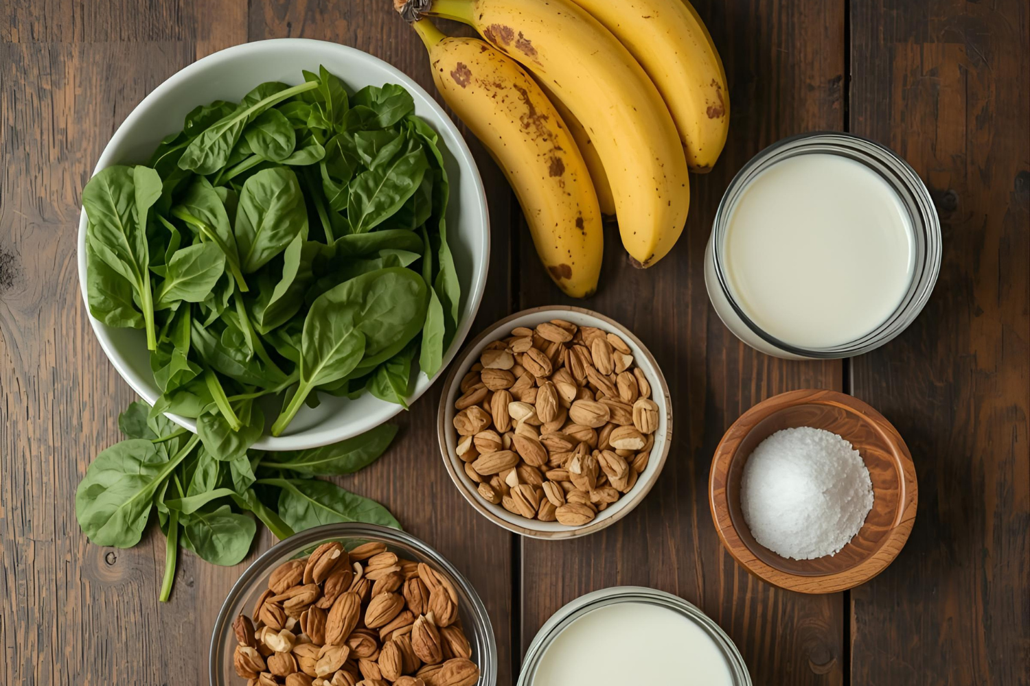 Flat-lay realistic wide photo of bananas, spinach, nuts, dairy, and sea salt arranged neatly on a rustic wooden table.