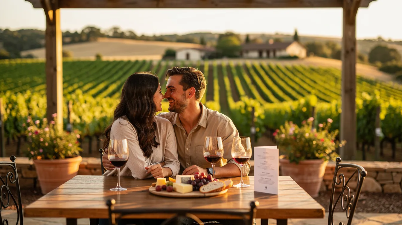 A couple enjoys a wine tasting experience at an outdoor winery, seated at a table with a picturesque view of vineyard rows. They have two wine glasses filled with refreshing natural wine and a small plate of delicious Mexican food, perfect for a delightful wine pairing.