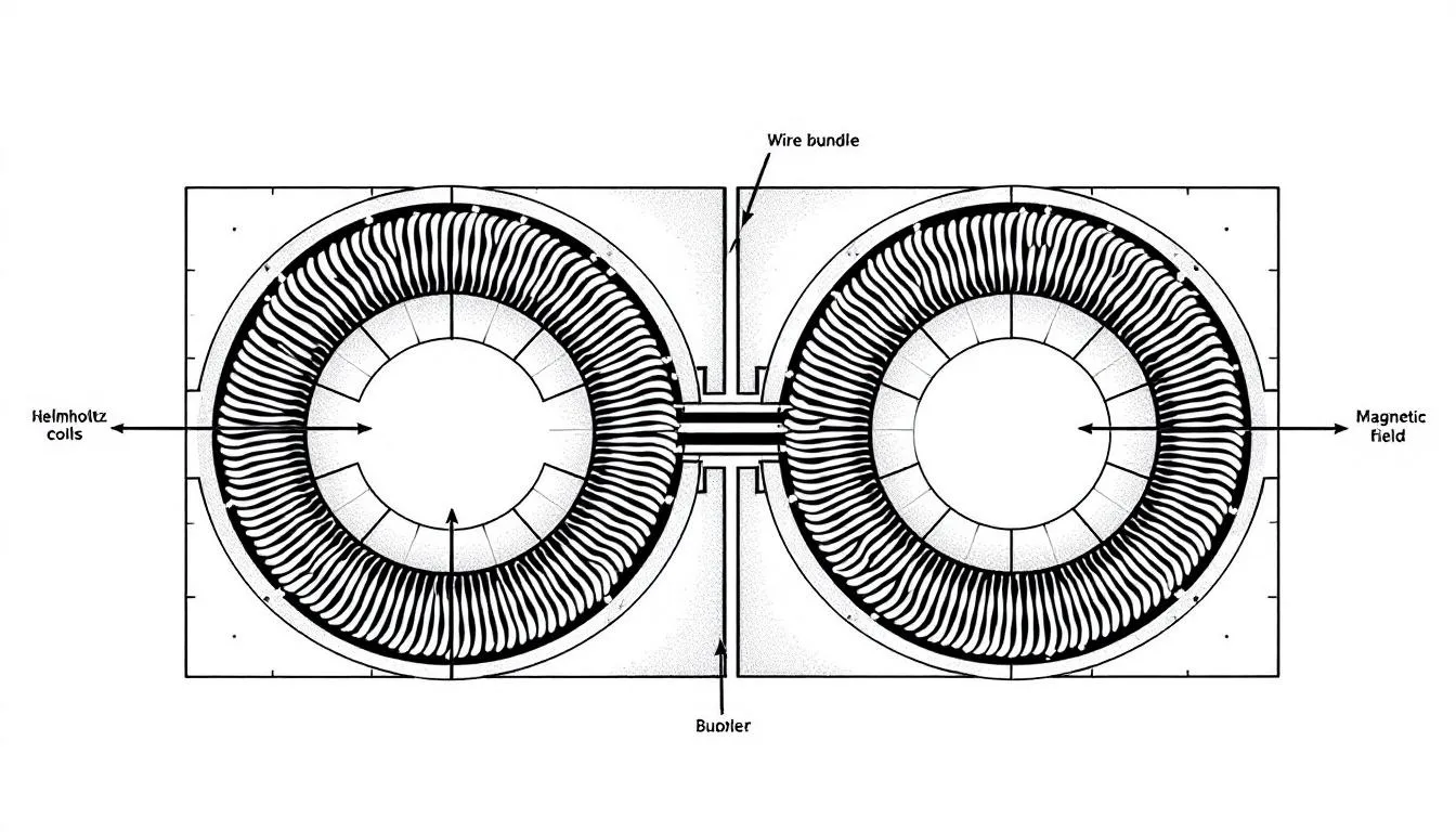 The image depicts a cross-sectional view of thick Helmholtz coils, showcasing the intricate wire bundle structure that forms the conducting circular coils. This configuration is designed to generate a nearly uniform magnetic field along the same axis, with two circular coils positioned parallel to each other, emphasizing their role in producing a homogeneous magnetic field.