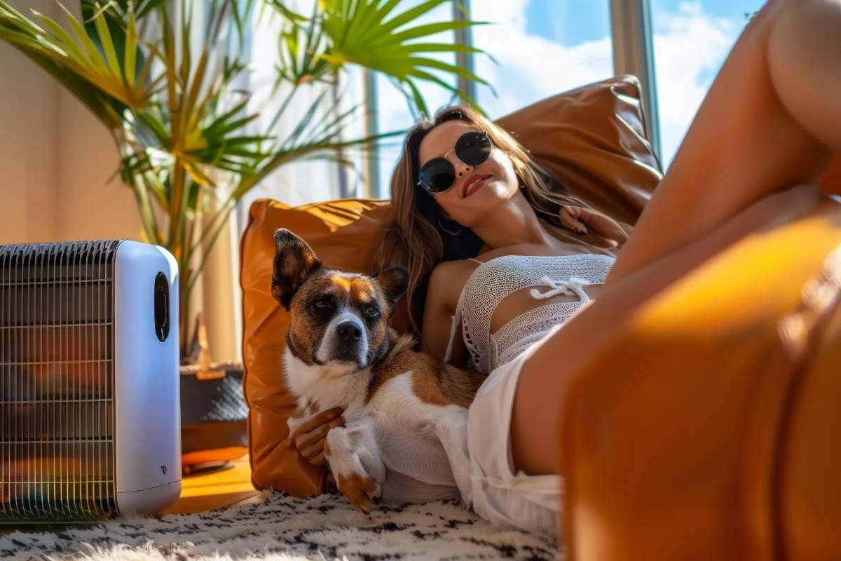 A woman wearing sunglasses is relaxing on a couch with her dog beside an air purifier, promoting the concept to Use an Air Purifier for Dog