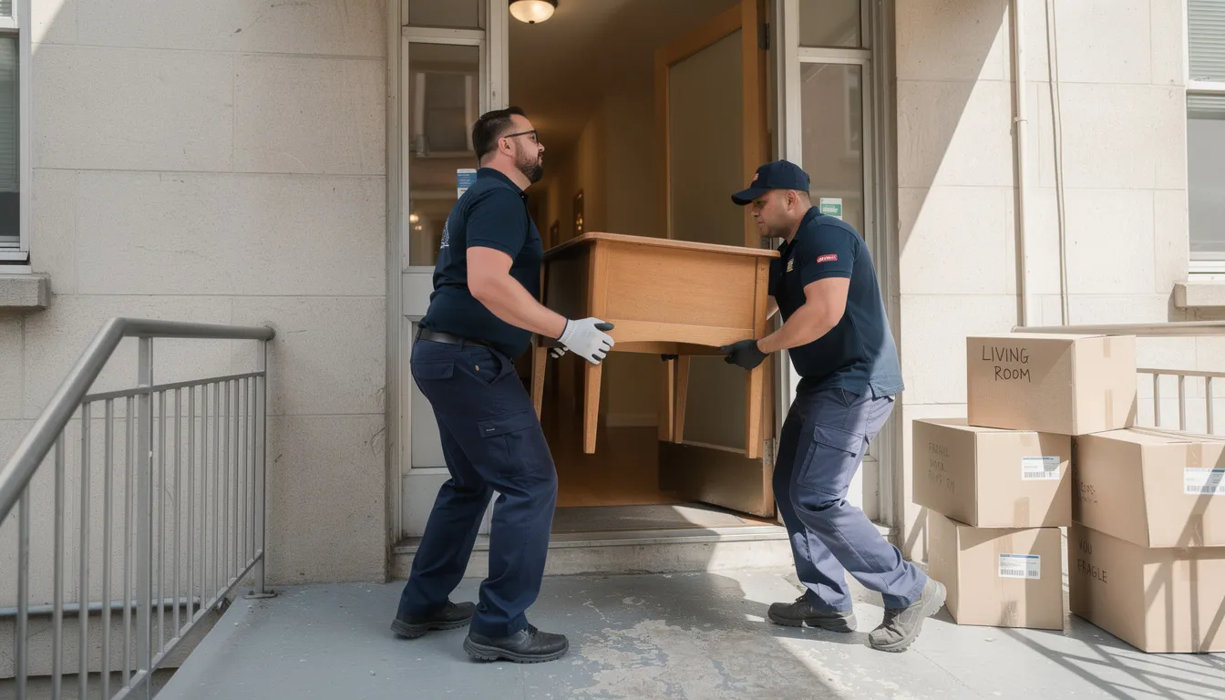 Two uniformed workers are carefully carrying large furniture pieces out of an apartment doorway, showcasing a professional property cleanout process. This scene highlights the importance of responsible disposal and efficient junk removal services for property managers preparing rental properties for new tenants.